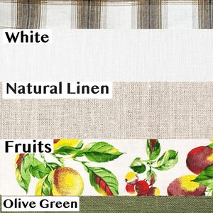 May include: A fabric swatch display featuring five distinct patterns and colours labelled with text: Plaid Print, White, Natural Linen, Fruits, and Olive Green. The display shows a brown and white plaid, a solid white, a beige linen, a fruit print, and olive green.