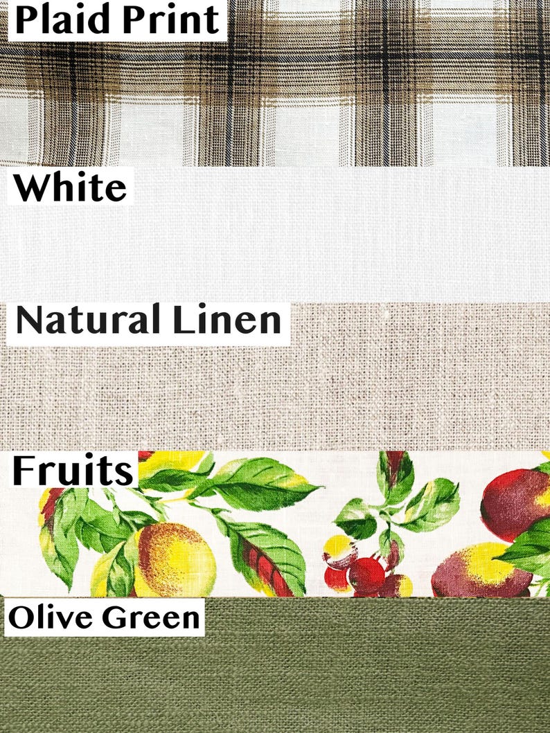 May include: A fabric swatch display featuring five distinct patterns and colours labelled with text: Plaid Print, White, Natural Linen, Fruits, and Olive Green. The display shows a brown and white plaid, a solid white, a beige linen, a fruit print, and olive green.