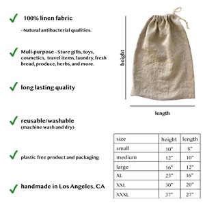 May include: A beige linen drawstring bag with a natural texture. The image includes text listing features like 100% linen fabric, reusable, and plastic-free. A size chart displays dimensions in inches for small, medium, large, XL, XXL, and XXXL bags.