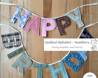 Molde em PDF para letras e números de tecido de 8", modelo de costura e tutorial para faixa de nome de aniversário, como costurar uma guirlanda acolchoada para quarto de bebê
