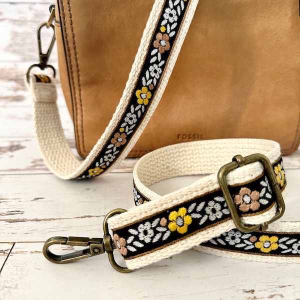 Embroidered Purse Strap, Floral Crossbody Purse Strap, Adjustable Woven Bag Strap, 1" Thin Replacement Handbag Strap