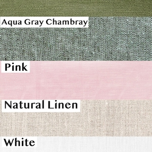 Może przedstawiać: Pionowe zestawienie pięciu pr&oacute;bek tkanin o r&oacute;żnych fakturach i kolorach. Etykiety obejmują Olive Green, Aqua Gray Chambray, Pink, Natural Linen oraz White. Każda sekcja ukazuje splot oraz kolor prezentowanego materiału tekstylnego.