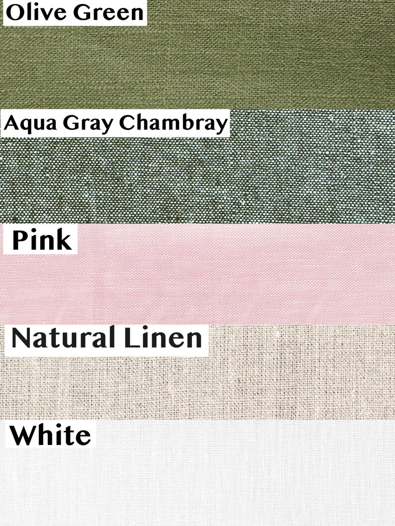 Może przedstawiać: Pionowe zestawienie pięciu pr&oacute;bek tkanin o r&oacute;żnych fakturach i kolorach. Etykiety obejmują Olive Green, Aqua Gray Chambray, Pink, Natural Linen oraz White. Każda sekcja ukazuje splot oraz kolor prezentowanego materiału tekstylnego.