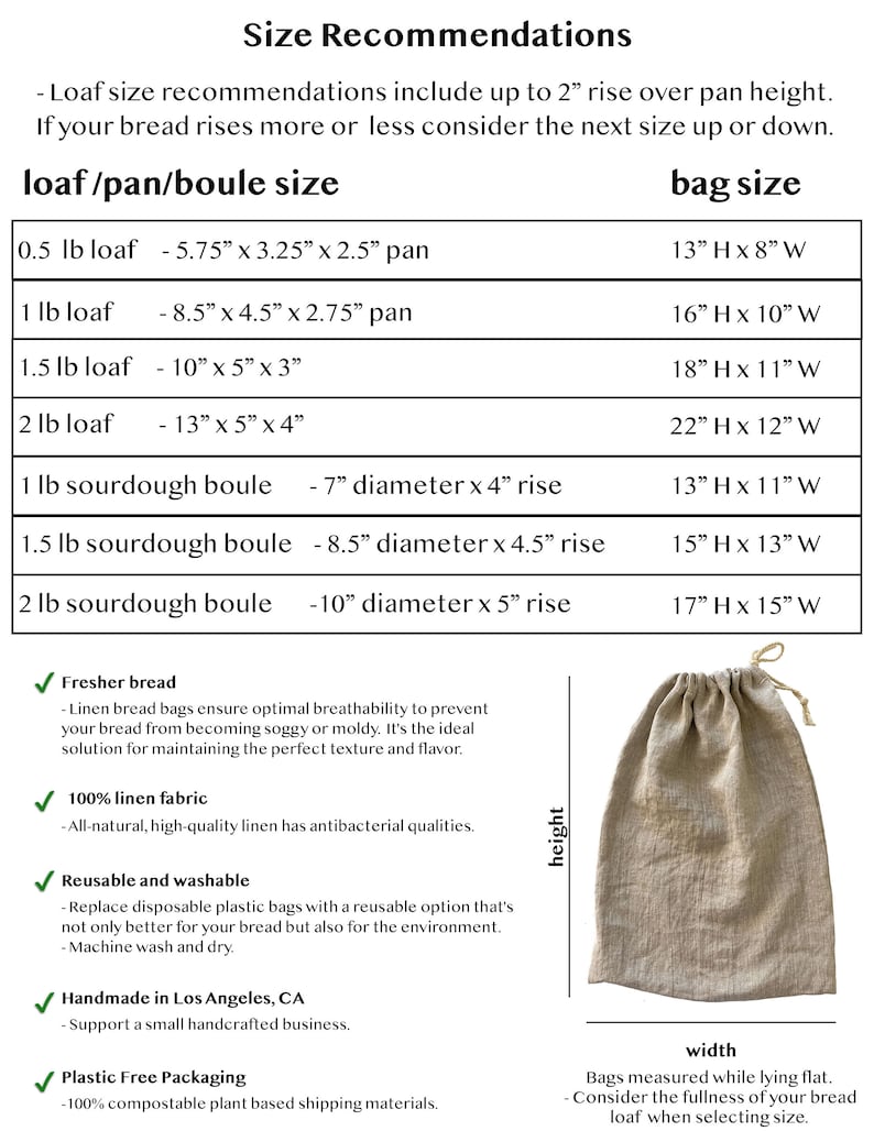 May include: A beige linen bread bag with a drawstring closure, next to a size recommendation chart. The chart lists loaf sizes and corresponding bag dimensions in inches, including 13" x 8" W and 16" H x 10" W.