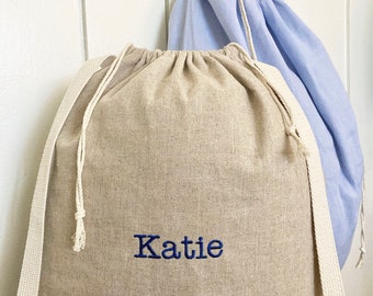 Monogram Laundry Bag Backpack, Personalized Linen Laundry Bag with Straps, College Laundry Bag with Name Embroidered