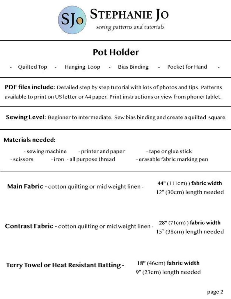 May include: A sewing pattern by Stephanie Jo for a pot holder, featuring a quilted top and bias binding. The tutorial includes a list of materials, such as a sewing machine, scissors, and fabric. Fabric widths are given in both inches and centimetres.
