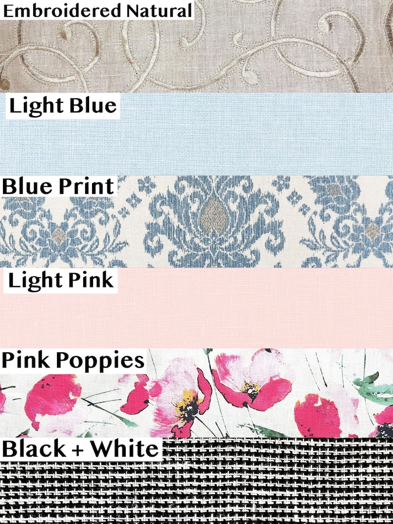 Puede incluir: Imagen que muestra muestras de tela con diferentes colores y patrones. Incluye un dise&ntilde;o "Embroidered Natural", los lisos "Light Blue" y "Light Pink", un damasco "Blue Print", un estampado floral "Pink Poppies" y una tela a cuadros "Black + White". La imagen tiene etiquetas de texto.