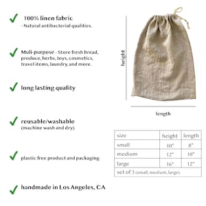 May include: A beige linen drawstring bag with a natural fiber cord. The bag is available in three sizes: small (10" height, 8" length), medium (12" height, 10" length), and large (16" height, 12" length). The bag is handmade in Los Angeles.