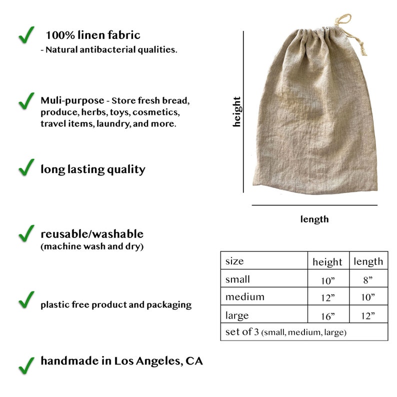 May include: A beige linen drawstring bag with a natural fiber cord. The bag is available in three sizes: small (10" height, 8" length), medium (12" height, 10" length), and large (16" height, 12" length). The bag is handmade in Los Angeles.