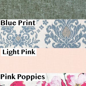 May include: A collection of fabric swatches. The top swatch is aqua gray chambray. The second swatch is a blue and white floral print. The third swatch is light pink. The bottom swatch features pink poppies on a white background.