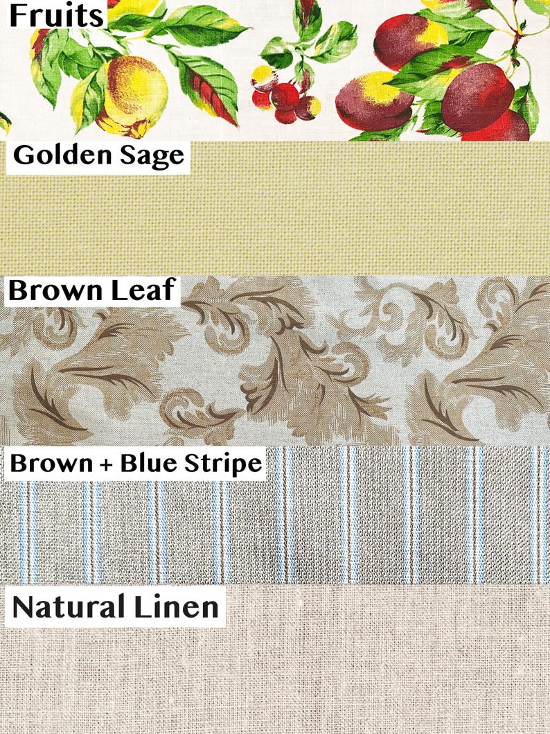 Puede incluir: Muestras de tela con diversos patrones y texturas. Incluye un estampado de frutas con melocotones y cerezas, un liso color salvia dorado, un dise&ntilde;o de hojas marrones, una raya marr&oacute;n y azul, y lino natural.