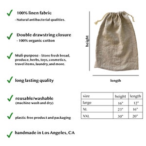 May include: A beige linen drawstring bag with a double cotton cord closure. Text lists features: 100% linen, organic cotton drawstring, multi-purpose use, washable, plastic-free, and handmade. A table shows sizes: Large 16x12 inches, XL 23x16 inches, XXL 30x20 inches.