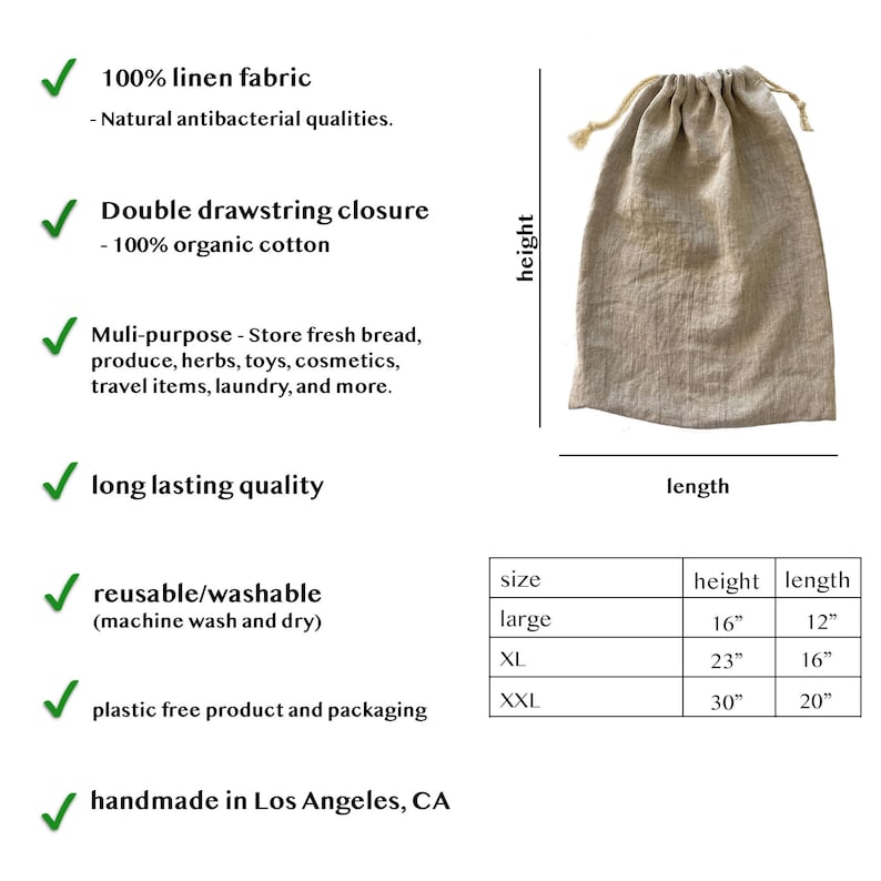 May include: A beige linen drawstring bag with a double cotton cord closure. Text lists features: 100% linen, organic cotton drawstring, multi-purpose use, washable, plastic-free, and handmade. A table shows sizes: Large 16x12 inches, XL 23x16 inches, XXL 30x20 inches.