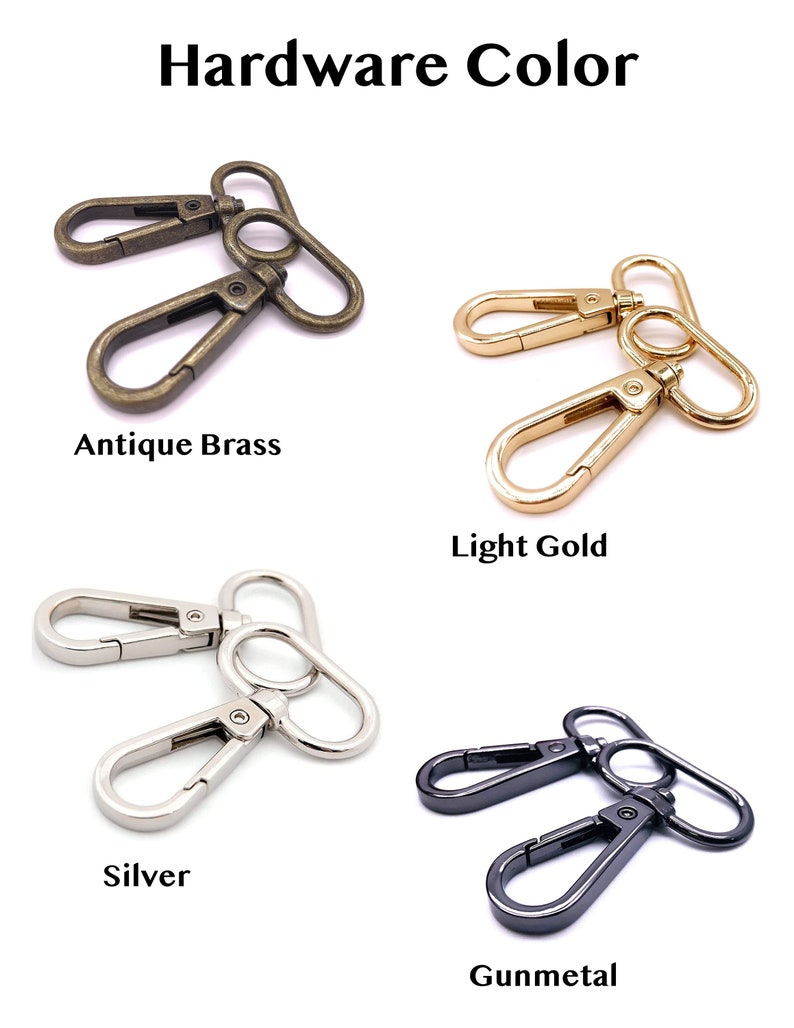 May include: A collection of metal swivel lobster clasps displayed in four distinct finishes labeled Hardware Color: Antique Brass, Light Gold, Silver, and Gunmetal. Each set consists of two connected clasps with a spring-loaded gate mechanism.