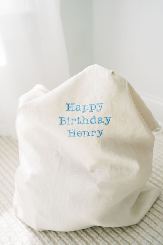 Custom Name Gift Bag | Personalized Embroidered Zero Waste Gift Wrapping | Reusable Fabric Gift Packaging, Eco Friendly Linen Drawstring Bag