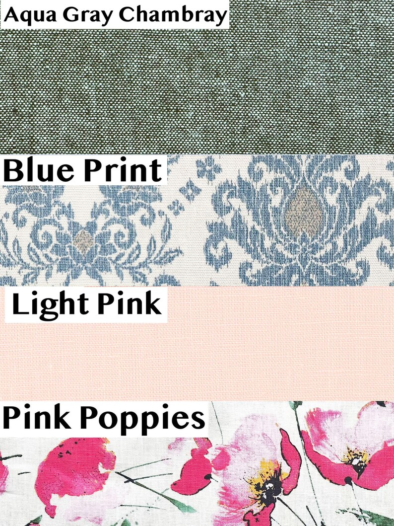 May include: A collection of fabric swatches. The top swatch is aqua gray chambray. The second swatch is a blue and white floral print. The third swatch is light pink. The bottom swatch is white with pink poppy floral print.