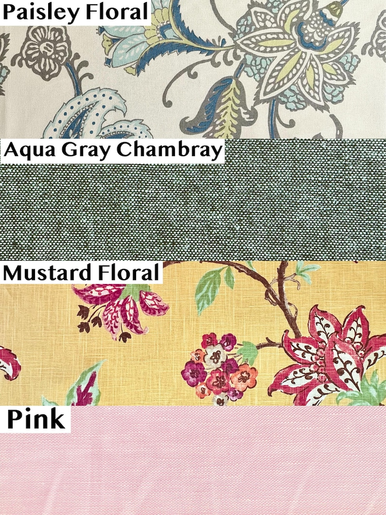 May include: A fabric swatch display featuring four distinct patterns and colors. The top section shows a Paisley Floral print in blue, gray, and cream. Below is an Aqua Gray Chambray solid. The third is a Mustard Floral print with pink and green flowers. The bottom is a solid light pink fabric.
