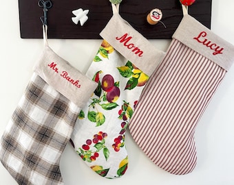 Personalized Linen Christmas Stocking with Custom Embroidered Name | Handmade  Farmhouse Holiday Decor | Baby's First Christmas Gift