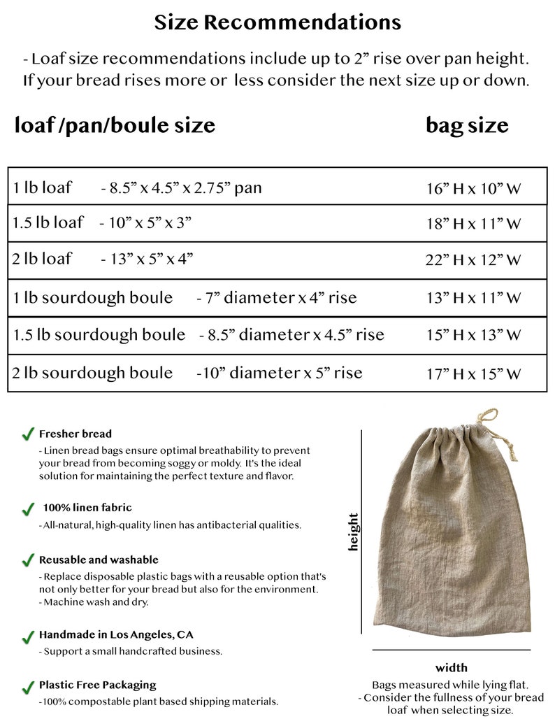 May include: A beige linen bread bag with a drawstring closure, next to a chart detailing loaf and bag sizes. The chart includes measurements in inches for various loaf sizes and corresponding bag dimensions. Text highlights features like reusable, washable, and plastic-free packaging.