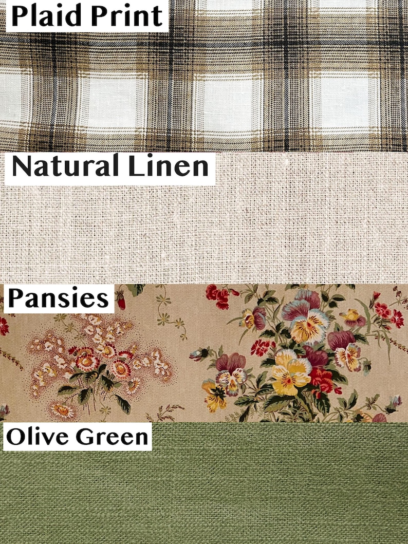 May include: A fabric swatch display featuring four distinct sections: a white and brown plaid print, a solid natural linen texture, a beige fabric with a colorful pansies floral pattern, and a solid olive green textile with a visible weave.