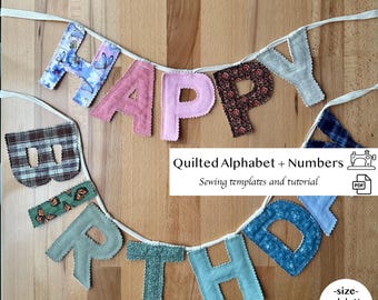 Molde em PDF para letras e números de tecido de 4", modelo de costura e tutorial para faixa de aniversário, como costurar uma guirlanda acolchoada para quarto de bebê