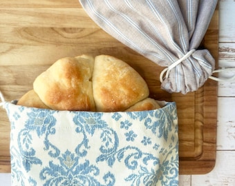 Linen Bread Bag, Drawstring Bag Set, Reusable Floral Produce Bag, Market Bag, Linen, Food Storage, Reusable Gift Bag, Made in USA