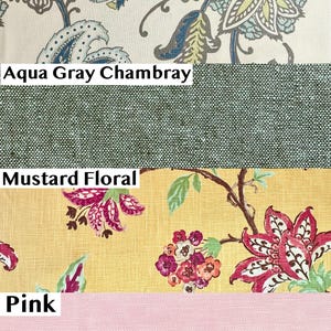 May include: A fabric swatch display featuring four distinct patterns and colours. The top section shows a Paisley Floral print, followed by an Aqua Gray Chambray texture, a Mustard Floral design, and a solid light Pink fabric at the bottom.