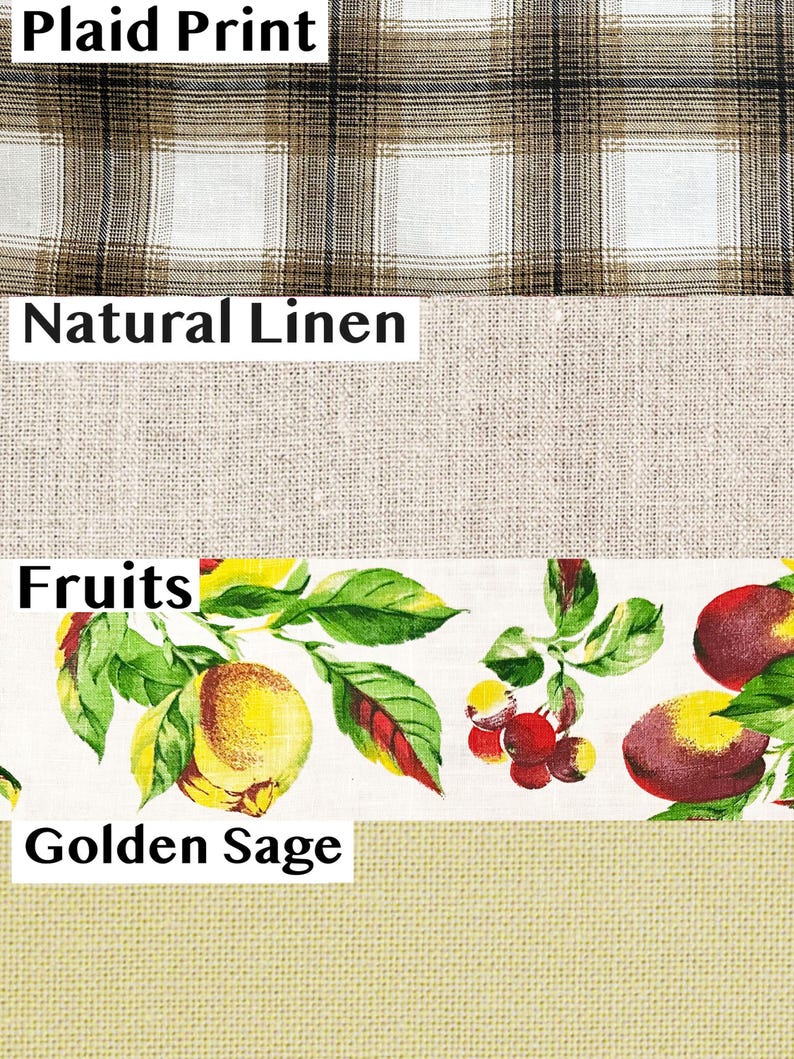 May include: Image showcasing four fabric swatches. The top swatch features a plaid print in brown, black, and white. Below is natural linen. The third swatch displays a fruit pattern with yellow and red fruits. The bottom swatch is golden sage.