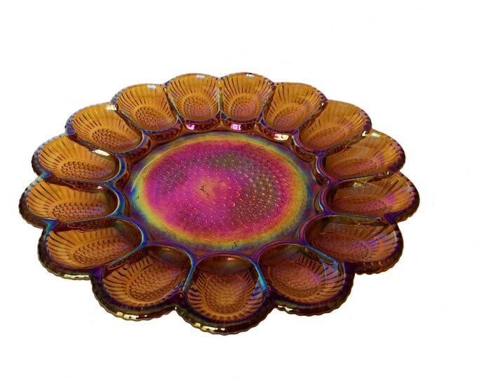 Vintage Carnival Glass Deviled Egg Dish Iridescent Hobnail Etsy