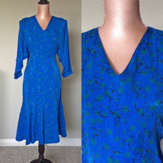Vintage Nora Noh Silk Dress 80s Floral Dress Mid C