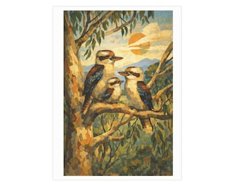 Kookaburra Trio Print Unframed | Vintage Bird Illustration, Australian Wildlife Wall Art
