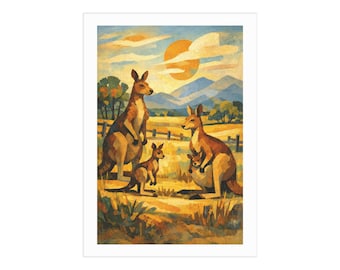 Kangaroo Family Print | Australian Wildlife Wall Art, Vintage Style Unframed Print