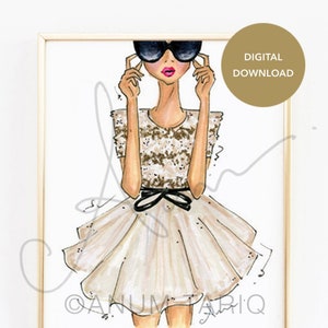 Digital Download Fashion Illustration Print - Ivory Dress. Girly Printable Wall Art Print