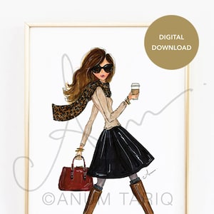 Digital Download Fashion Illustration Print - The Fall Girl. Girly Printable Wall Art Print