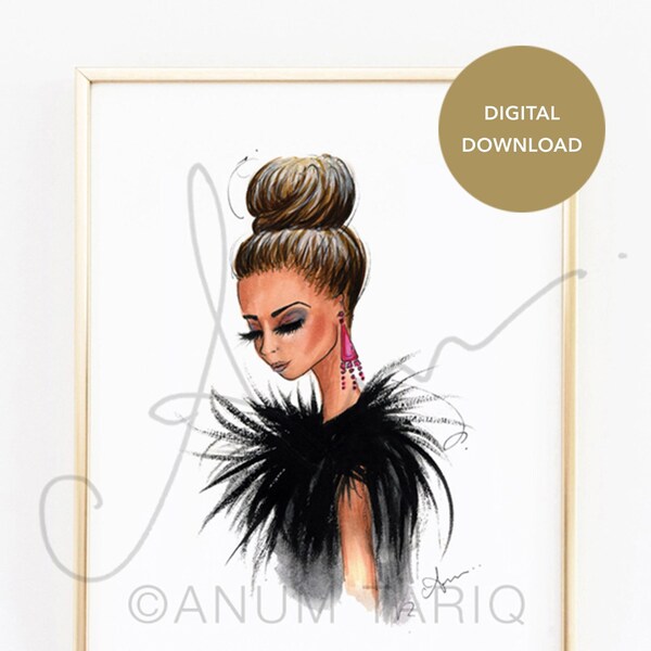 Digital Download Fashion Illustration Print - Feathers. Girly Printable Wall Art Print