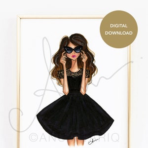 Digital Download Fashion Illustration - Schwarzes Flare Kleid. Girly Printable Wall Art Print
