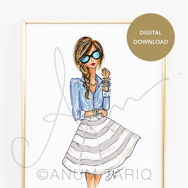 Digital Download Fashion Illustration - Chambray & Stripes. Girly Printable Wall Art Print