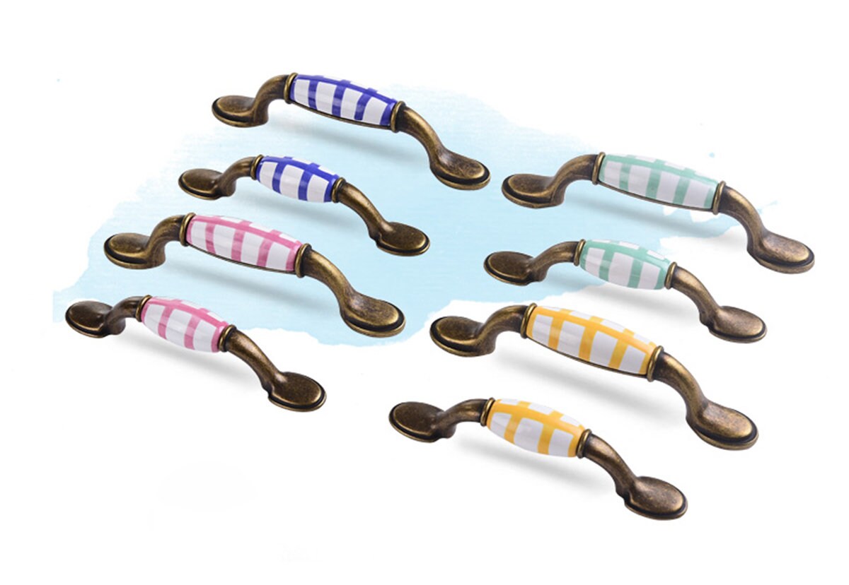 Rustic Metal and Ceramic Pull Handle Colorful Plaid Etsy