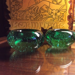 Retro Art Glass Mid Century Murano Bubbled Glass Candle Holders ~ Gorgeous Green With Sparkly Bubbles Throughout ~