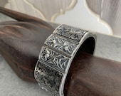 Antique Rare Sterling Silver Enamel Art Nouveau Repousse Floral Motif Wide Hinged Clamper Cuff Bracelet Calle Lily