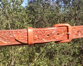 Vogt Hand Tooled Leather Top Grain Steerhide Belt~Floral & Leaf Design~ Gorgeous!!