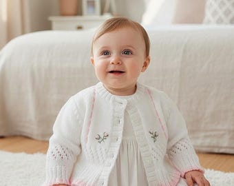 Hand Knitted Girls Cardigan with Embroidered Flowers & Ribbon Trim | Baby Girl Cardigan | Handmade Baby Gift