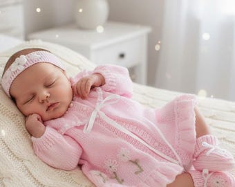 Hand Knit Baby Girl Coming Home Outfit: Embroidered Cardigan, Booties & Headband