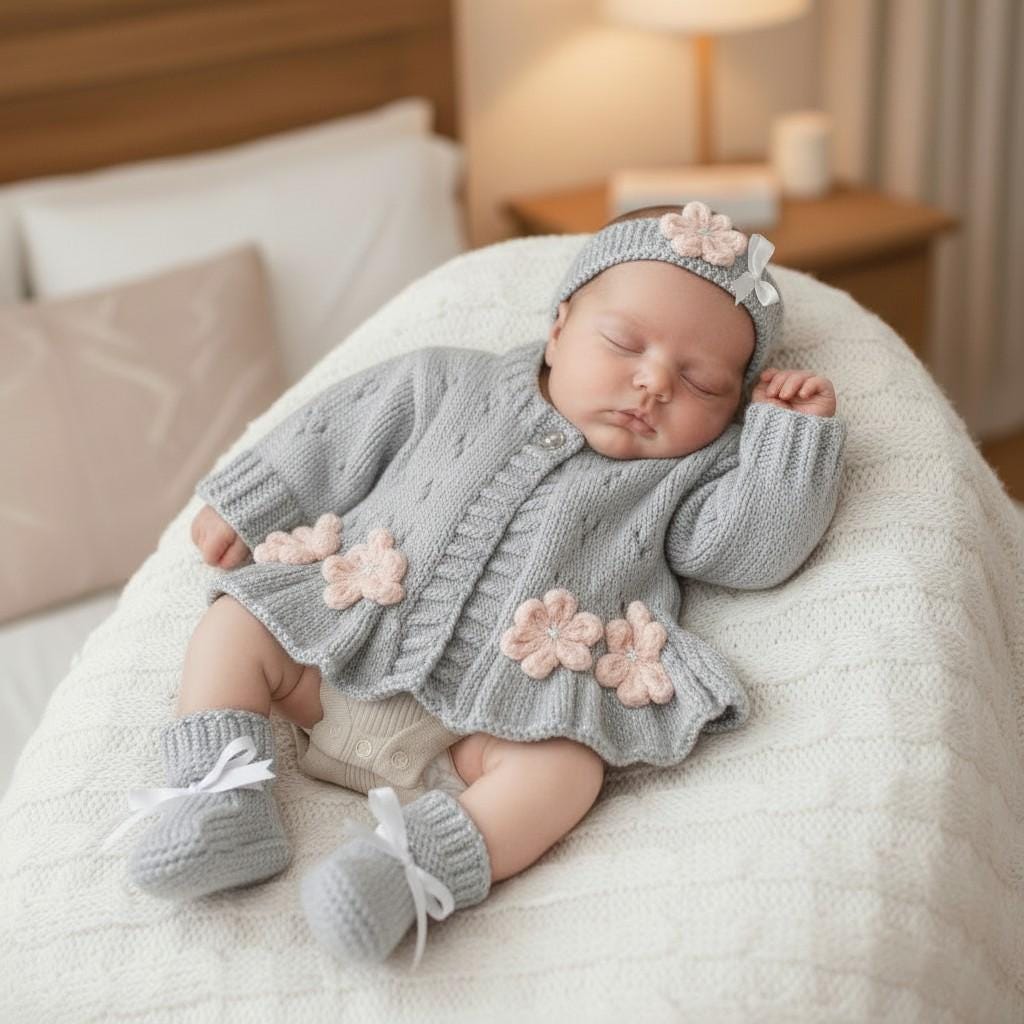 Hand-Knitted Baby Cardigan Set: Boho Flower Trim, baby Yarn