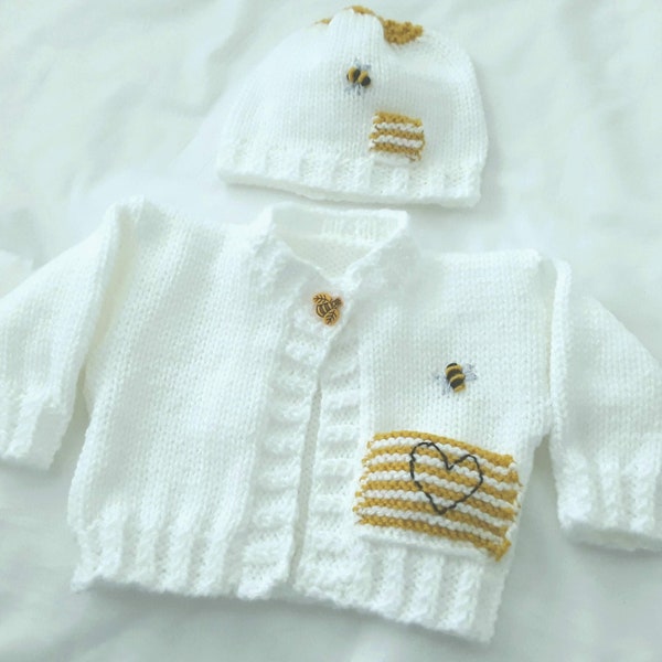 Hand knitted baby bee cardigan with matching hat, Bumble bee, Baby Gift, Baby Shower Gift, Baby Cardigan, Hand Knitted baby clothes,