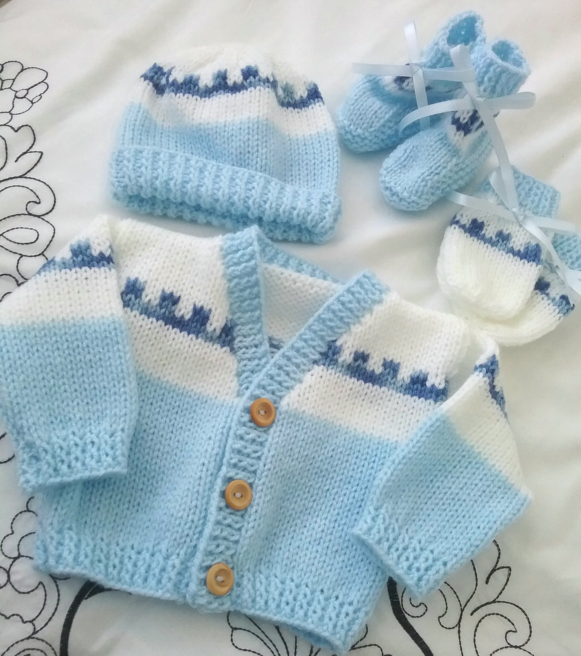 Cute Knitted Boys Cardigan With Baby Hat Baby Boots & Mitts - Etsy