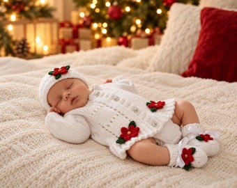 Hand Knitted Baby Girl Outfit Set, Newborn Coming Home Outfit,  Baby Cardigan, Hat & Booties, Baby Shower Gift, Handmade Baby Clothes