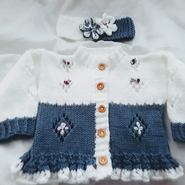 Unique hand knitted baby girls cardigan,Floral embroidery girl's sweater, Hand made baby cardigan, Toddler sweater, baby shower gift