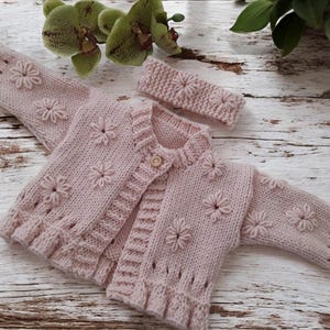 Unique Hand-Knitted Girls&#39; Sweater with Matching Headband – Boho Style Cardigan, Baby Girl Knitwear