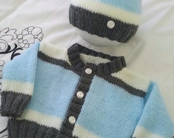 Unique Hand knitted boys cardigan , boys pom pom hat, Baby Gift, Baby Shower Gift, Baby Cardigan, Baby hat, Hand Knitted baby clothes,